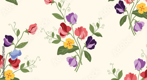 Elegant seamless floral pattern featuring vibrant sweet pea and pansy blossoms with green leaves, ideal for fabric or wallpaper design.