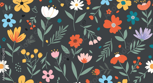 Colorful hand-drawn floral pattern with various spring and summer flowers and leaves on a dark grey background, ideal for textile and wallpaper design.