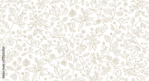 Seamless white background pattern with delicate light brown outline illustrations of various leaves, branches, and tiny flowers, featuring a charming dashed-line or stitched texture.