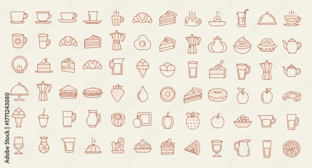 Naklejka premium Large Collection of Hand Drawn Outline Food and Drink Icons for Restaurant Menu Design