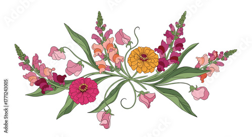 Elegant floral illustration featuring a charming horizontal bouquet of colorful snapdragons, zinnias, and sweet peas in vibrant hues.