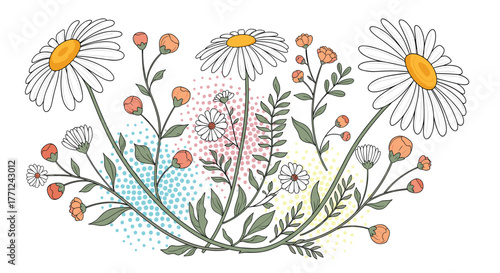 A lovely illustration of white daisies and orange flower buds with green foliage, forming a graceful floral arrangement against colorful dotted backdrops.