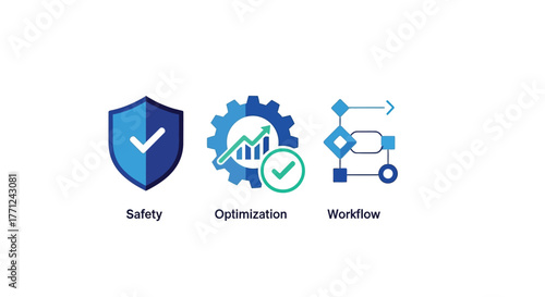 Vector illustration of conceptual icons representing safety, optimization, and workflow, symbolizing business processes and improvements in a modern design