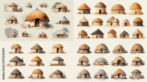 Set of African village huts and tribal clay houses in watercolor style. Ethnic architecture and cultural design elements ideal for travel, art, and education themes.