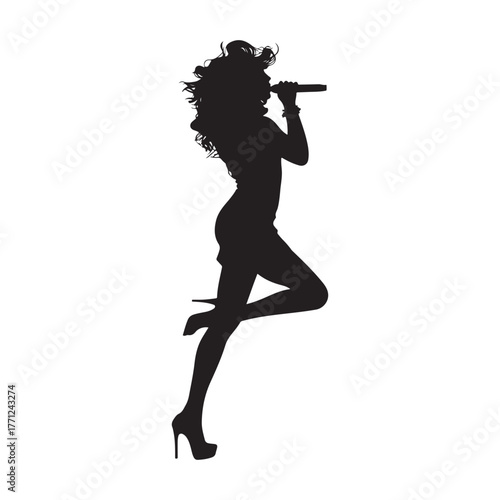 dynamic female singer silhouette vector illustration performing live on stage with a microphone and energetic pose.