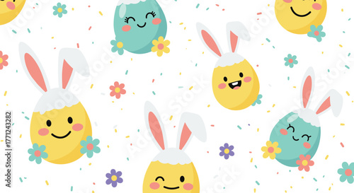 Cheerful seamless pattern with cartoon Easter eggs, bunny ears, tiny flowers, and colorful confetti on a white background.