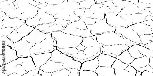 Vector cracked dry earth texture showing drought and climate change concept. Black and white cracked soil background design for environmental, nature, and global warming themes.