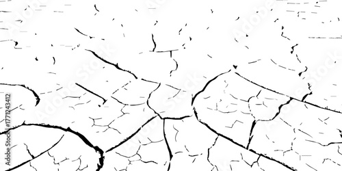 Vector cracked dry earth texture showing drought and climate change concept. Black and white cracked soil background design for environmental, nature, and global warming themes.