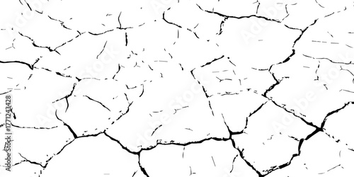 Vector cracked dry earth texture showing drought and climate change concept. Black and white cracked soil background design for environmental, nature, and global warming themes.