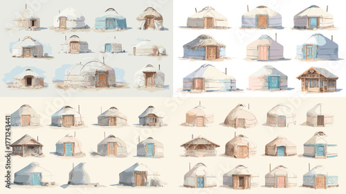 Watercolor collection of traditional Mongolian yurts and nomadic tents. Hand-drawn cultural architecture illustrations in soft winter tones, perfect for travel and design themes.