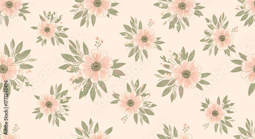 A beautiful and delicate seamless watercolor pattern featuring soft pink flowers and lush green leaves scattered elegantly across a light peach background.