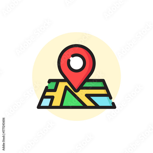 Vector illustration of Colorful Map With Red Location Pin Icon, Perfect for travel, navigation and location-based services in branding and marketing.
