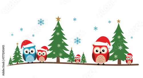 Christmas owls with Santa hats sitting on a branch amidst pine trees and falling snowflakes, creating a festive winter scene.