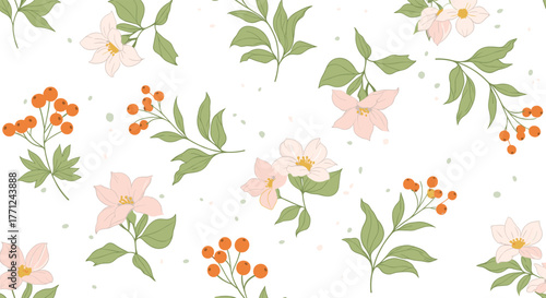 Delicate seamless pattern featuring hand-drawn pink flowers, fresh green leaves, and vibrant orange berries on a soft white background with subtle speckles.