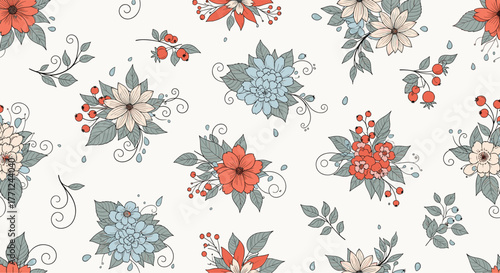 Seamless pattern with vintage hand-drawn floral elements, including various flower bouquets, leaves, and berries, on a light background.