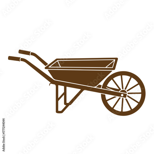 Simple brown wheelbarrow illustration in vintage art style for gardening and agriculture use