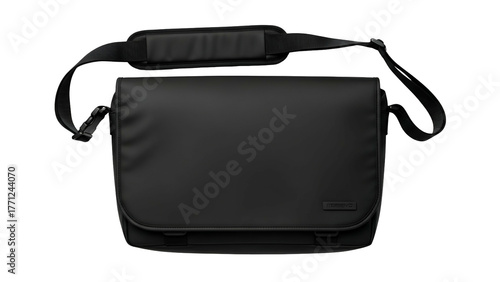 Sleek black messenger bag with adjustable shoulder strap displayed against a dark background