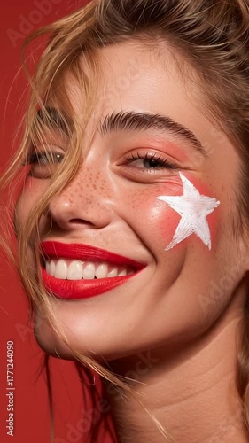 Young woman with star face paint, joyful and festive energy, vibrant colors ideal for holiday celebrations, Caucasian female with artistic makeup