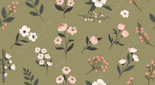 A charming seamless pattern with delicate pink and white illustrated flowers and berries on a soft olive-green background.