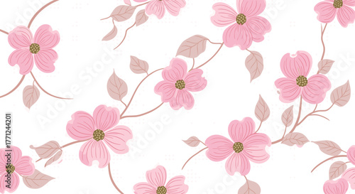 A charming seamless pattern with delicate pink blossoms, abstract leaves, and winding botanical branches on a clean white background.