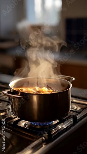 Steam rises from a simmering pot on a stove, cozy kitchen ambiance suggests homestyle cooking, perfect for autumnal or holiday meals