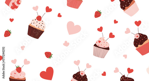 Sweet and romantic seamless pattern featuring delicious cupcakes, fresh strawberries, and decorative hearts against a clean white backdrop.