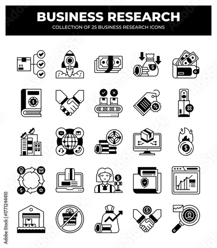 Collection of 25 Business Research Icons: Boost Your Visuals