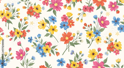 Vibrant seamless pattern featuring a delightful mix of yellow, pink, blue, and orange wild flowers on a cream background, perfect for textiles.