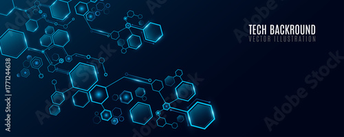 Futuristic connected blue hexagons with light effect for Technology or Science background. Hexagonal pattern for scientific research presentation or UI design. Vector Illustration.