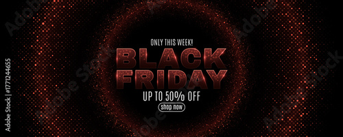 Black Friday sale banner with red glittering halftone circles and elegant text on dark background. Luxurious cover design for online store promotions. Vector illustration.
