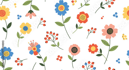 Seamless pattern with cute, colorful cartoon flowers and wild berries in shades of blue, yellow, red, and pink on a clean white background.