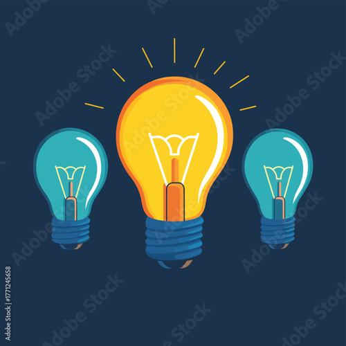 Business idea metaphor, light bulb in turned on in the dark between unworking light bulbs