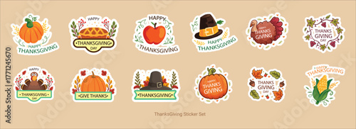 Thanksgiving sticker set with pumpkin, apple, pie, turkey and corn icons