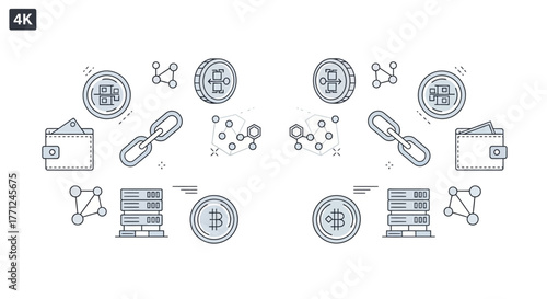 Cryptocurrency and blockchain technology icons simple line vector illustration for digital finance isolated on white background
