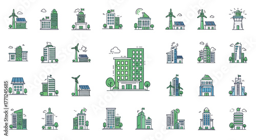 Set of green building icons modern flat vector design element for sustainable city and architecture projects isolated on white background