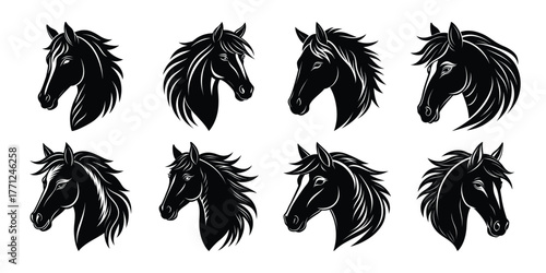 Collection of eight stylized black ink horse head illustrations with flowing manes on a white background