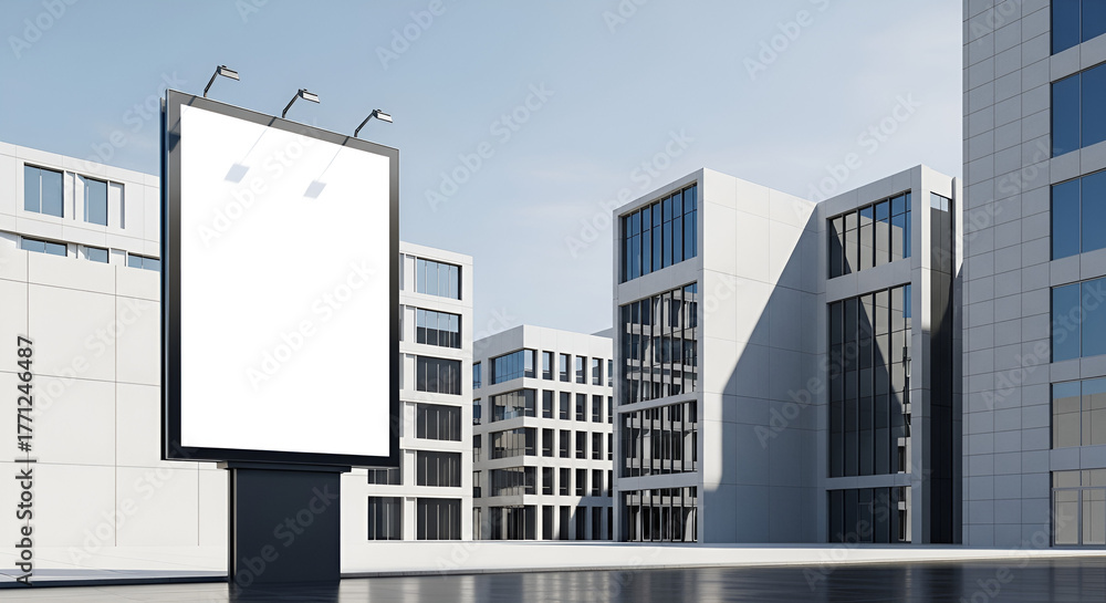 Obraz premium Minimalist Modern Cityscape with Blank Billboard Advertising Display Mockup