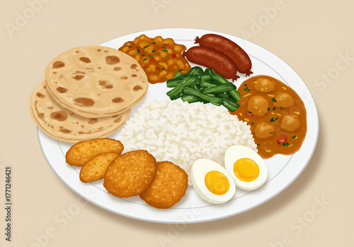 A colorful illustration of a diverse and appetizing meal served on a white plate.
