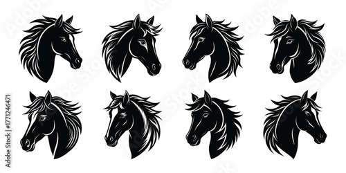 Collection of stylized black horse head illustrations showing different angles and expressions