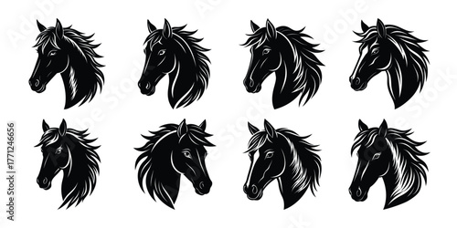 Collection of eight black horse head illustrations with textured brush strokes on a white background