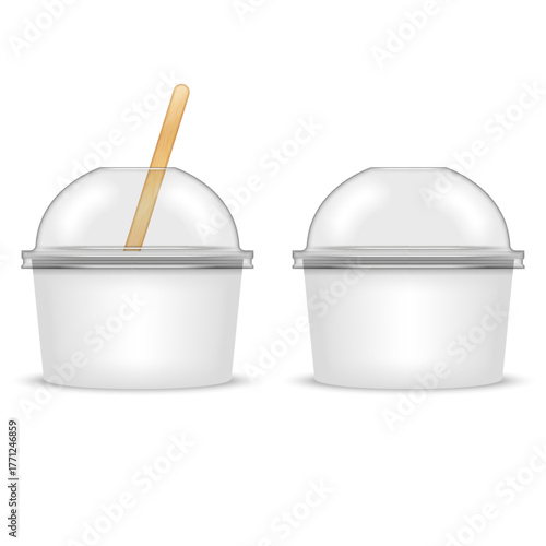 Set of two blank white paper dessert tubs with clear transparent plastic dome lids and one wooden spoon isolated on white, 3d vector mockup for ice cream or frozen yogurt packaging.