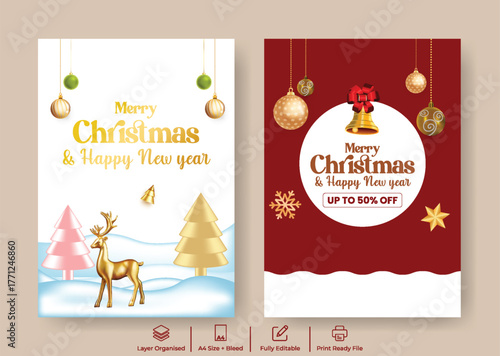 Christmas and New Year Celebration Party A4 Poster Flyer Template, Editable Print Ready Brochure Leaflet Design for Holiday Sale Promotion, Christmas Event Invitation, Modern Layout for Background