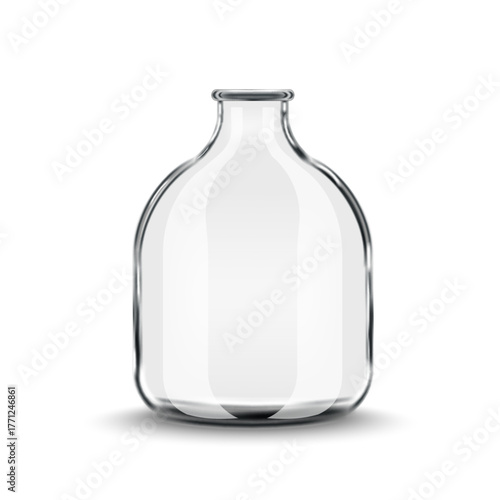 Realistic empty clear glass bottle mockup with wide rounded body 3d mockup isolated on white front view, vase vector illustration for chemical, pharmaceutical, or beverage packaging design.