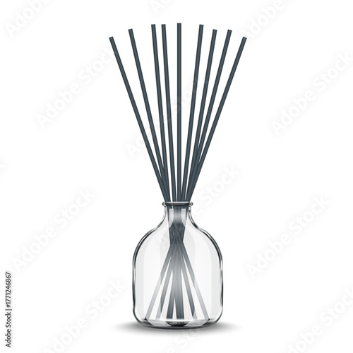 Realistic empty clear glass bottle diffuser with dark reed sticks vector 3d mockup isolated on white for luxury home fragrance, aromatherapy, or essential oil advertising.