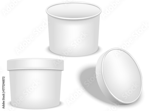Set of two blank white paper ice cream tub with lid for ice cream or soup isolated on white background, with and without lids, paper food containers 3d vector mockup for packaging design.