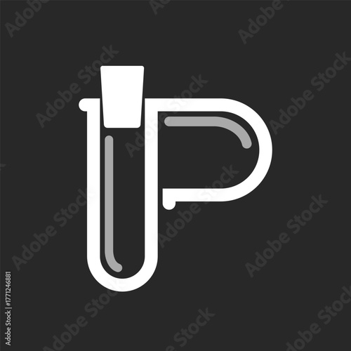 Creative letter P logo design formed by a laboratory test tube and beaker glassware, symbolizing pharmaceutical, physics, or scientific processes.