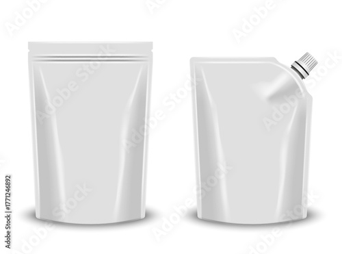 Stand-up pouch with spout and stand up pouch with zip lock set of two blank white packaging bag, 3d realistic vector doypack pouches mockup isolated on white templates for food or cosmetic industry.