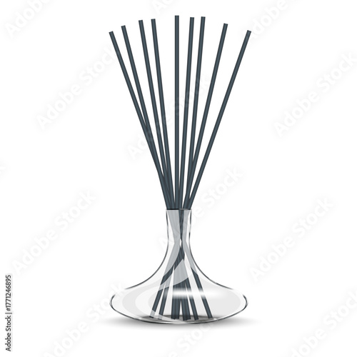 Wide-bottom elegant glass vase with reed sticks, realistic 3d vector holder mockup for home interior isolated on white front view, luxury air freshener, or aromatherapy product fragrance advertising.