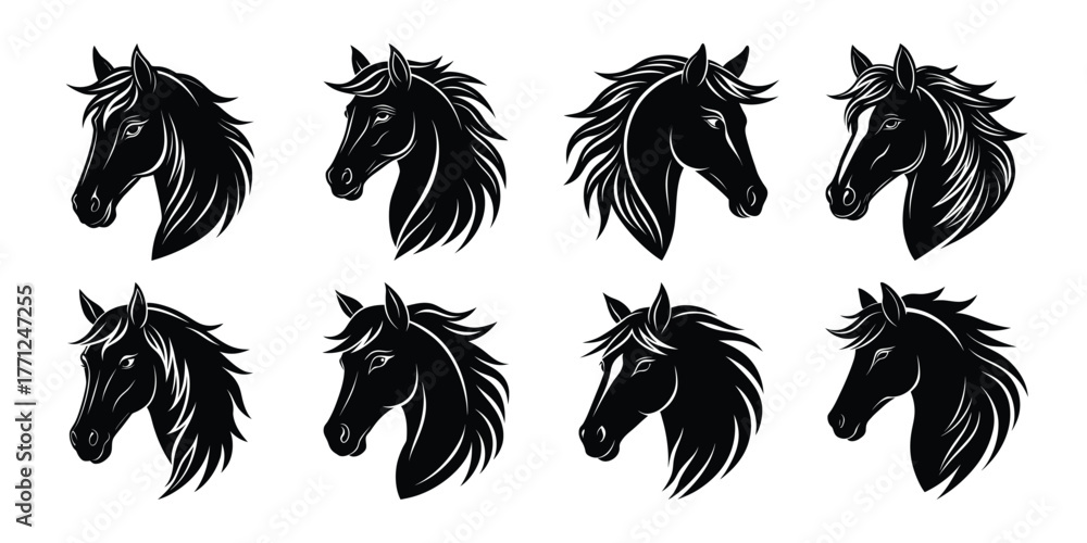 Fototapeta premium Collection of eight stylized black horse heads with dynamic mane and expressive eyes