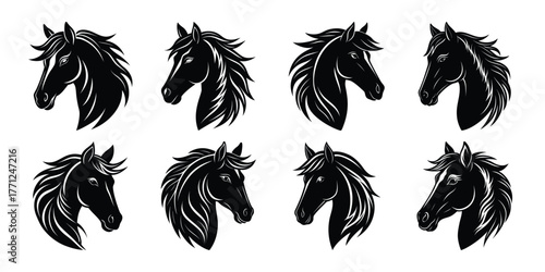 Collection of eight stylized black horse head silhouettes with flowing manes on white background